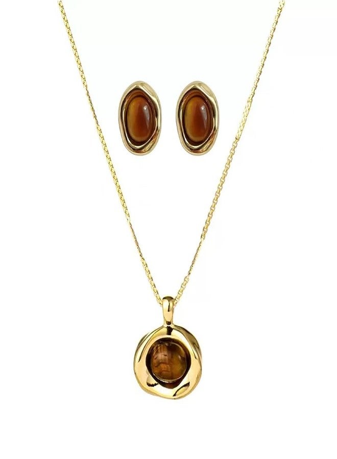 Axepet Gold Tigers Eye Stone Necklace Earrings Set Chunky Gemstone Pendent Dangle Necklace Prom Fashion Jewelry Gifts - Image 1